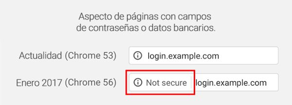 Ejemplo de cómo el navegador mostrará la información de una web no segura en Google Chrome